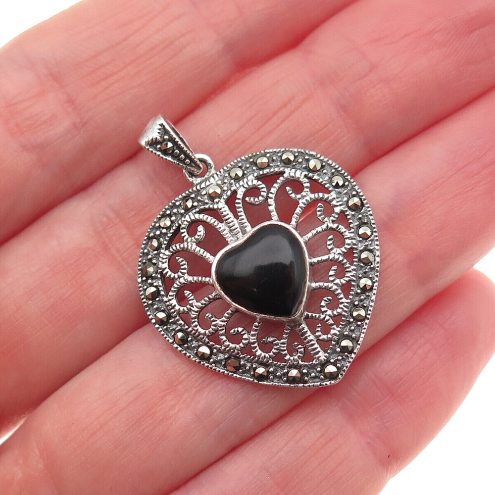 925 Sterling Silver Vintage Real Black Onyx & Marcasite Heart Charm Pendant